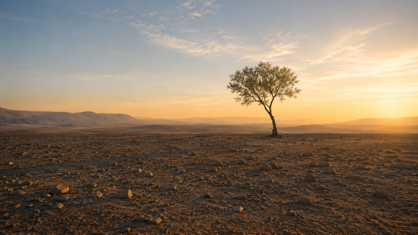 A lone tree standing in a vast desert wilderness at golden sunrise