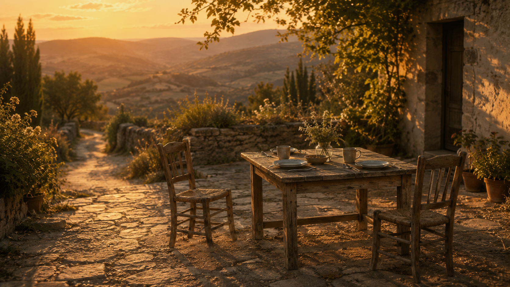 A weathered wooden table set for two, empty chairs, at golden sunset